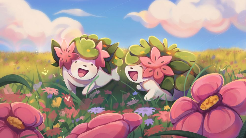 Two Shaymin (from Pokemon) running after each other in a lush green field full of multicolored flowers and some little bugs