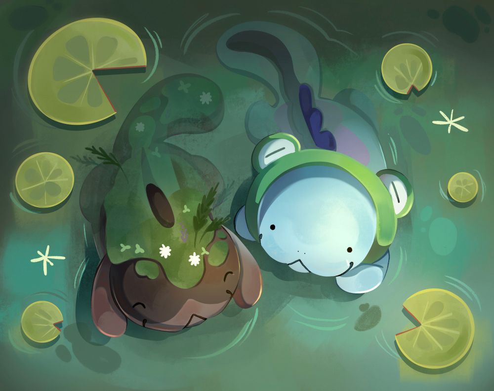 Two pokemon, a clodsire and a quagsire, swimming in a lake together, surrounded by lily pads 