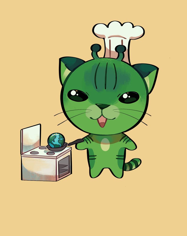 Cute cat alien cooking the earth in a frying pan on a stove 