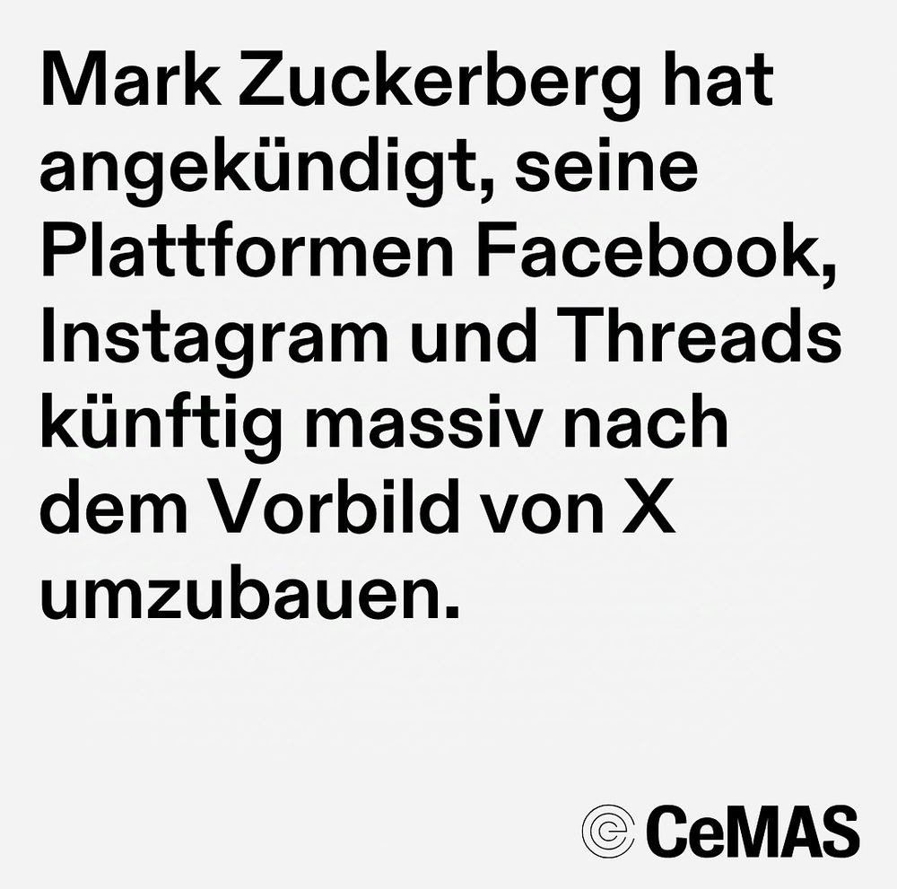 Die Kachel zeigt Text. Darauf steht, dass Mark Zuckerberg Meta nach dem Vorbild von X umbauen will. 