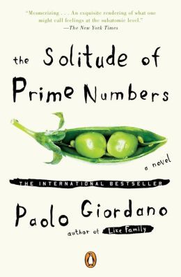 Cover for the book, "The Solitude of Prime Numbers" by Paolo Giordano. The cover is cream and features a photograph of two green peas in a pod.