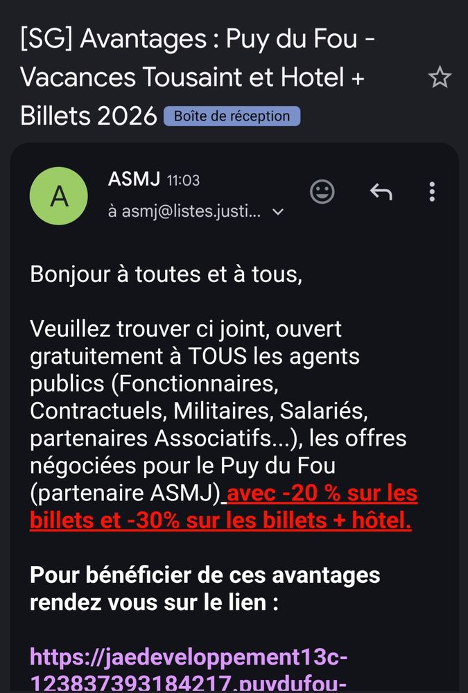 Mail reçu de l ASMJ proposant des tarifs négociés à -20 % pour une visite du puy du fou.