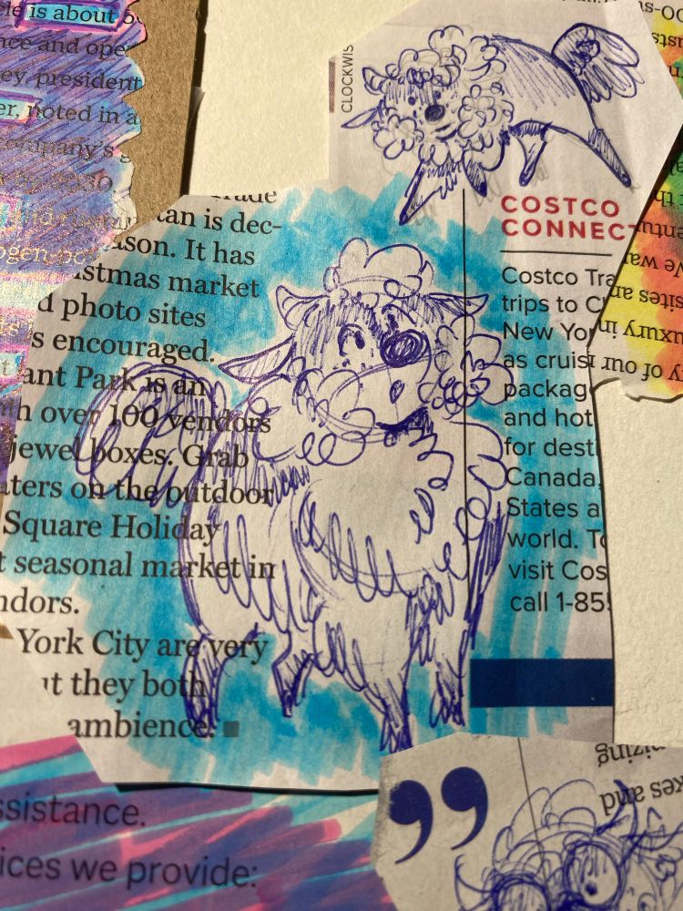 A sketched illustration drawn in blue pen depicting a cartoonish North American buffalo character upon a blue background.