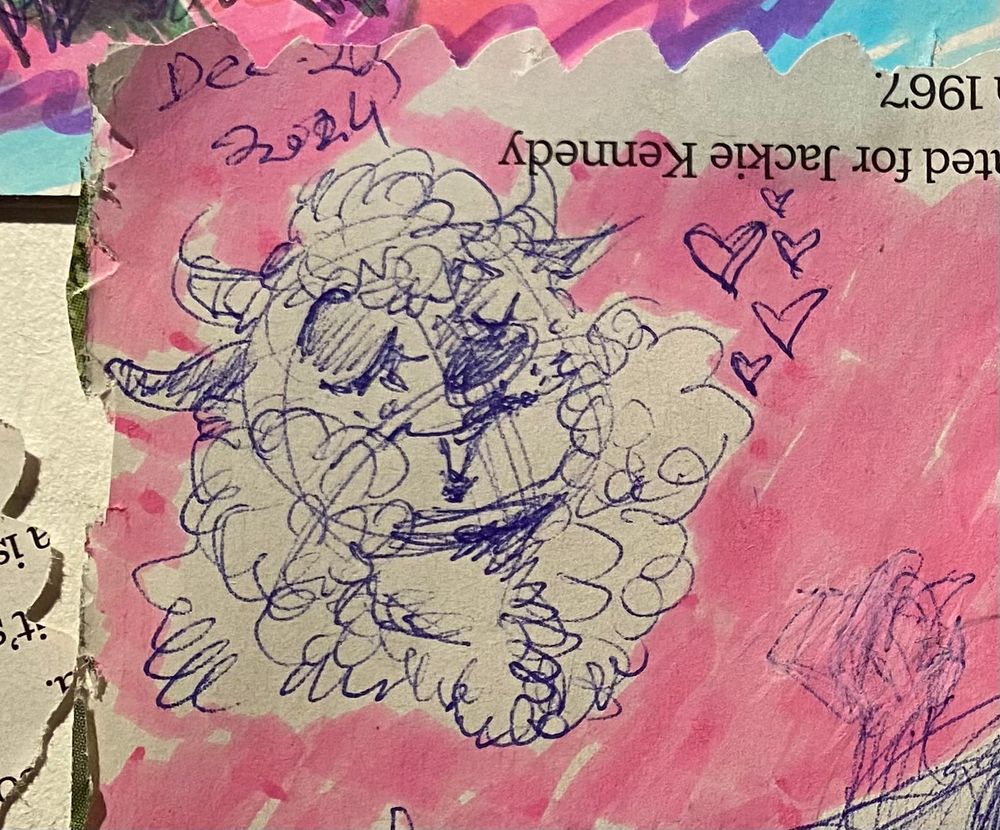 A Sketch illustration depicting a bust portrait of an anthropomorphic North American buffalo upon a pink background, drawn in blue pen. The animal has its eyes closed, and mouth slightly agape with its head tilted slightly upwards.