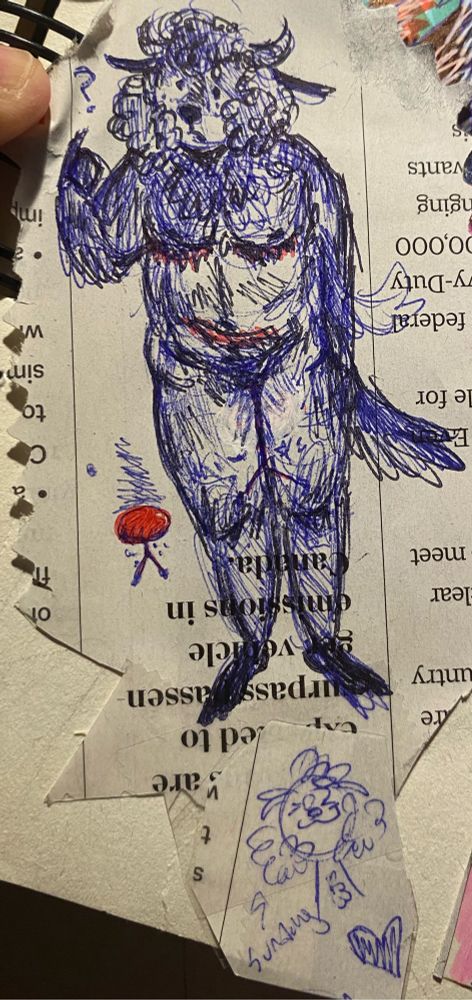 A sketched depiction of an anthropomorphic buffalo character drawn in blue pen, who appears to have a slightly quizzical look upon its face as it looks off to the left.
