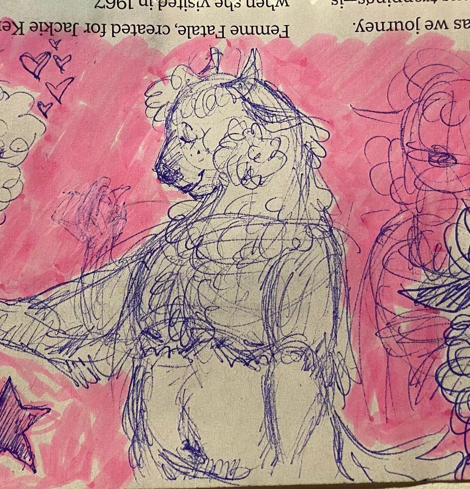 An illustration sketched in blue pen of an anthropomorphic North American buffalo character upon a pink background. It stands with its eyes closed, and smiling softly while looking down.