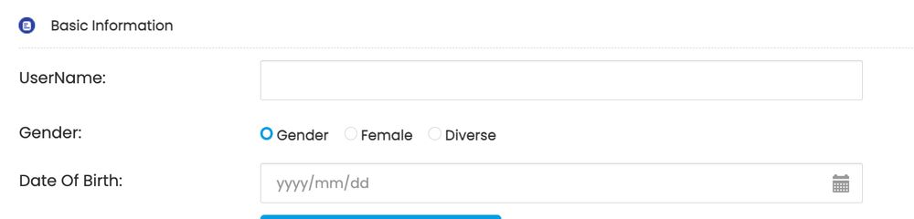 Web user interface for Basic Information with fields to select User name, Gender and Date of Birth.  Gender has 3 radio button options:  Gender, Female and Diverse.