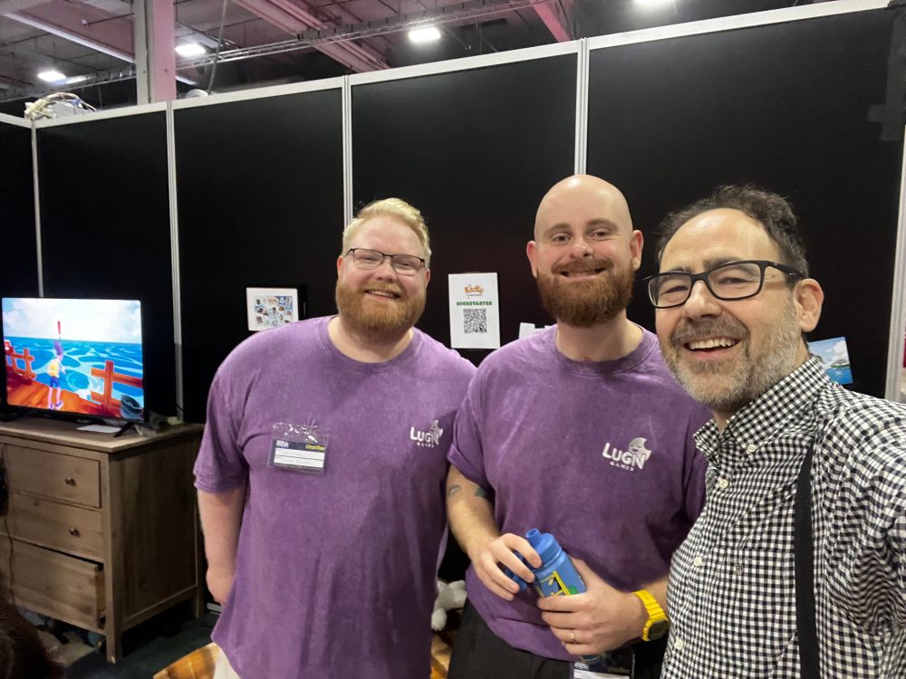 Kristian, Alex and me, at their stand at SpillExpo in Lillestrøm, where they are exhibiting their game Kioku: Last Summer