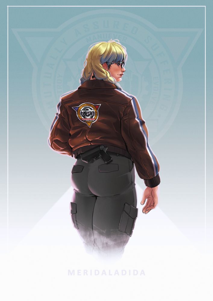 A thigh up drawing of Irma, a woman with athletic build, blond hair with faded blue tips styled in loose twin braid. wearing a leather jacket with a emblem of her unit, a combat pants and carry small firearm on her back.