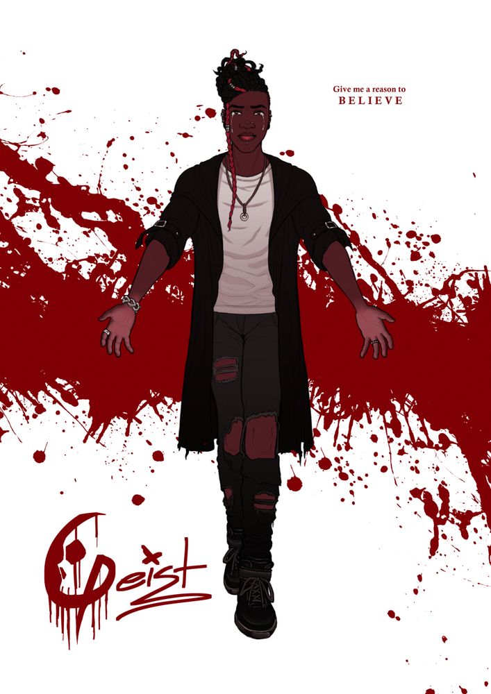 My Protagonist: Abel Cayne. He's a riff off the Bryce Wayne/Tony Stark Orphaned-Trust-Fund-Kid Hero archetype that uses the wealth he was left to help uplift his struggling, oppressed community directly, rather than play Super Cop. He has ARMS, a condition that has given him superhuman abilities.

He's a queer Black man (technically half white, but he has little to no white features and is very dark skinned) with a lean, athletic build and wearing dark alternative style clothes. His hair is shaved on the sides with long black braids on top pulled into a messy bun. 

He's standing with his arms out and hands open in a gesture of peace, but his expression is pained and tear streaked. Behind him is a large splatter of blood, symbolizing the violence he encounters throughout the story.

On the right of the image, a lyric reads "Give me a reason to believe", a quote from the My Chemical Romance song "Thank You for the Venom" that inspired the image