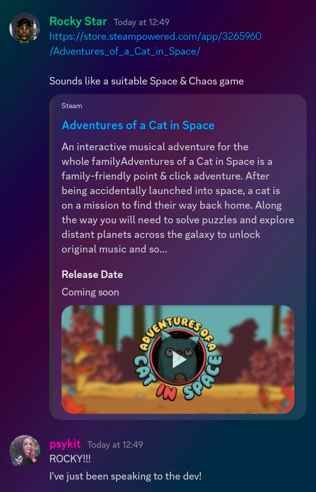 A discord post from rocky star recommending the adventures of a cat in space