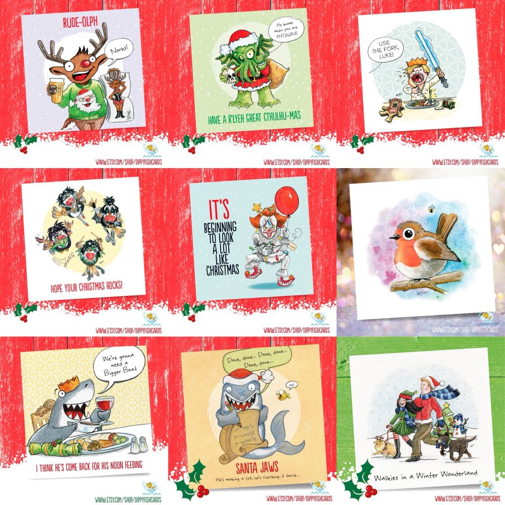 Most of my Christmas card designs… all a bit niche - from fat borbs to sweary pears to pop culture puns… please eschew Clintons and Funky Moon Pig and buy from me this year - I need the Frazzles 