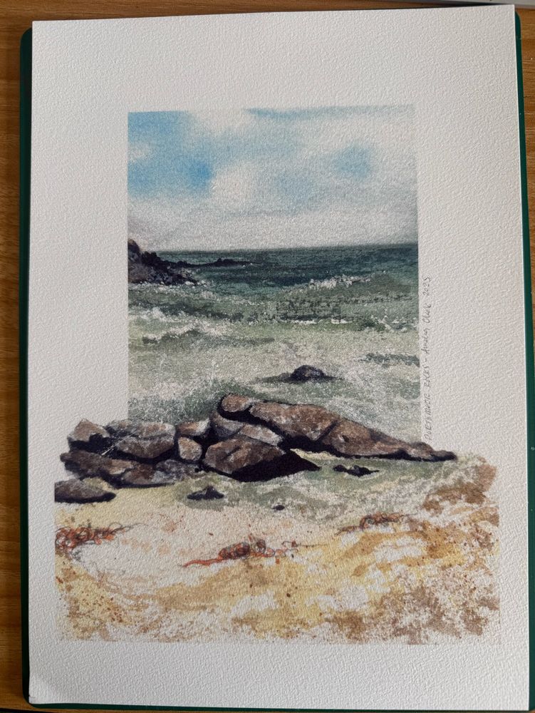 Print of my Porthmeor Rocks Art… on prestige Hahnemülle stock - shows a beautiful serene sea scene with crashing waves and rocks creating a natural barrier but the sand and sea escaping out of the scene in the foreground 