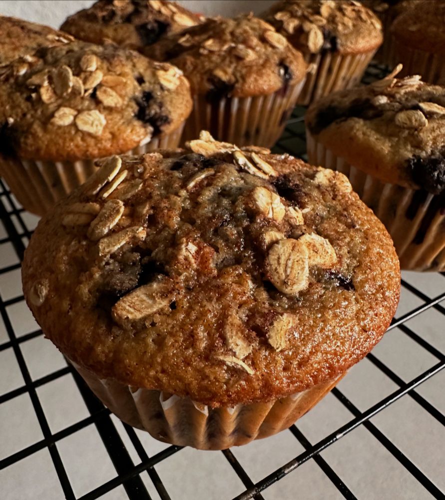 Blueberry oatmeal muffins sprinkled with oats sitting on a black cooling wrack