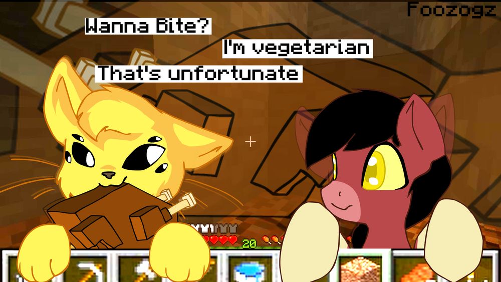 A thumbnail of a music video showing Maestro, a yellow sun cat with six eyes, holding a lava chicken in his mouth, and Pepper, a red and black pony with off-white hooves. They're both looking at each other with their paws and hooves perched on a zoomed in Minecraft menu bar. The caption reads "Wanna bite?" "I'm vegetarian" "That's unfortunate"