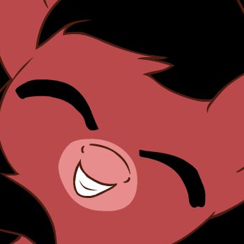 Pepper, a red and black pegasus, smiling with eyes closed