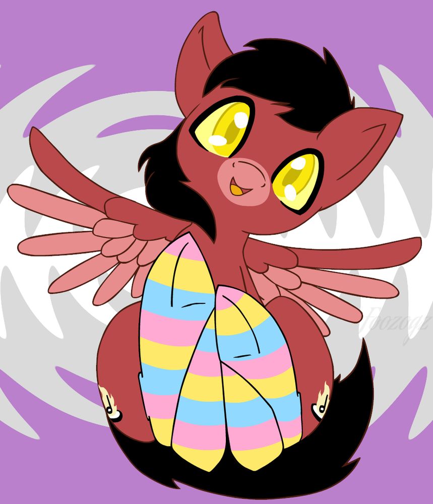 Pepper (a light red and black pegasus with yellow eyes) smiling and tilting his head to the right, wearing pan flag socks over a gray-ace flag background