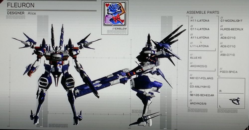 Schematic of a customized machine from Armored Core For Answer. 

A silly build made with absurd speed in mind, its only weapons are a sword, a laser rifle, and a backup pulse gun.

The shoulder and back weapons have been replaced with added boosters to achieve ridiculous bursts of speed during hit-and-runs.