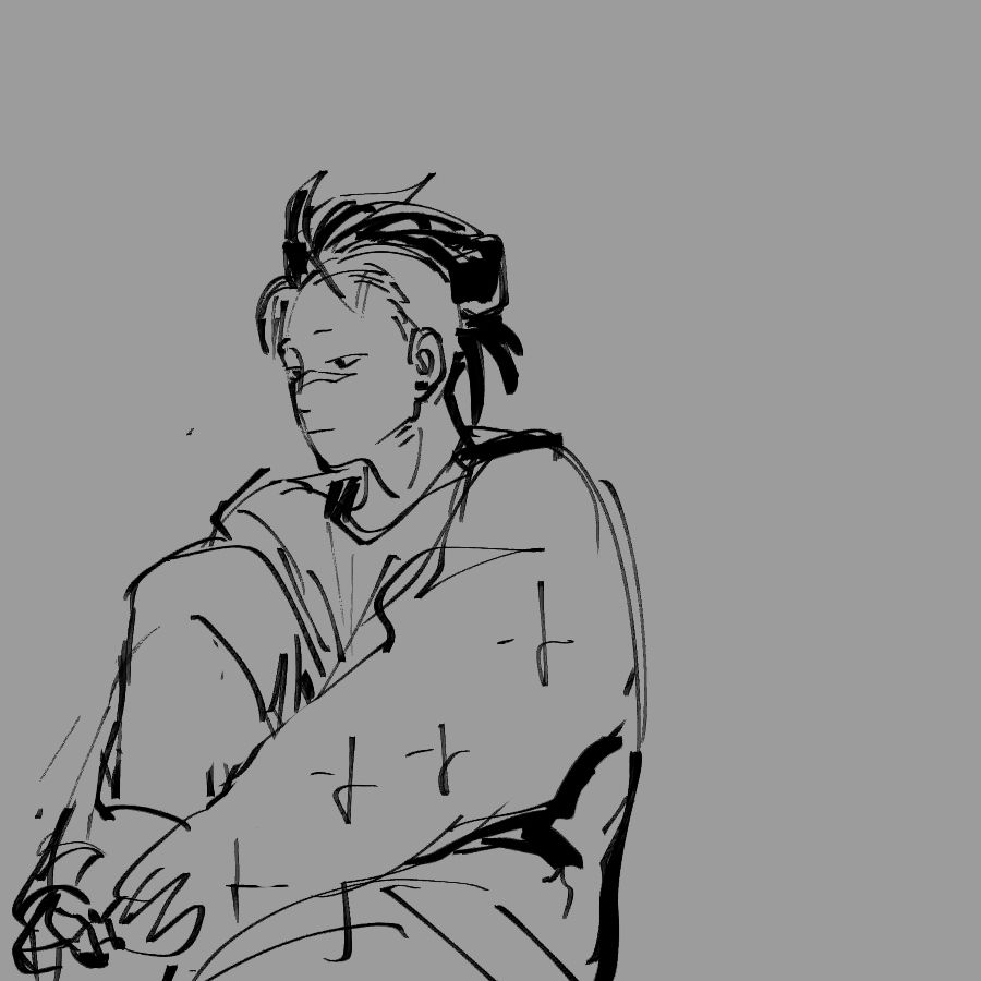 sketch of shinazugawa genya in an oversized sweater, hugging one knee to his chest