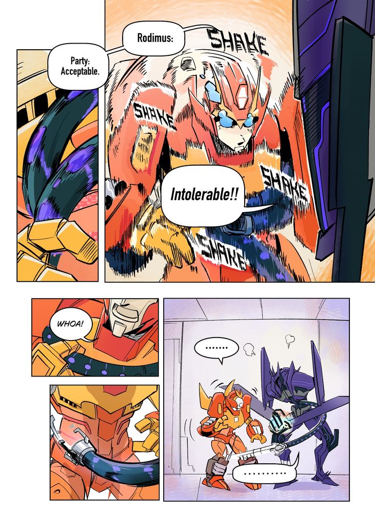 Comic continuation depicted in the fanfiction as follows:

“Party: acceptable!” Soundwave wrapped a tentacle around Rodimus's middle and shook him. His frame was warm, the energon flowing through his lines just able to be sensed by the tendrils that swept across his plating. “Rodimus: intolerable!”

“Whoa!” Rodimus gripped the tentacle and tried to pull it away. He wasn't strong enough. Soundwave shook him once more and let go. Rodimus stumbled back. After a moment of stunned silence, he laughed.