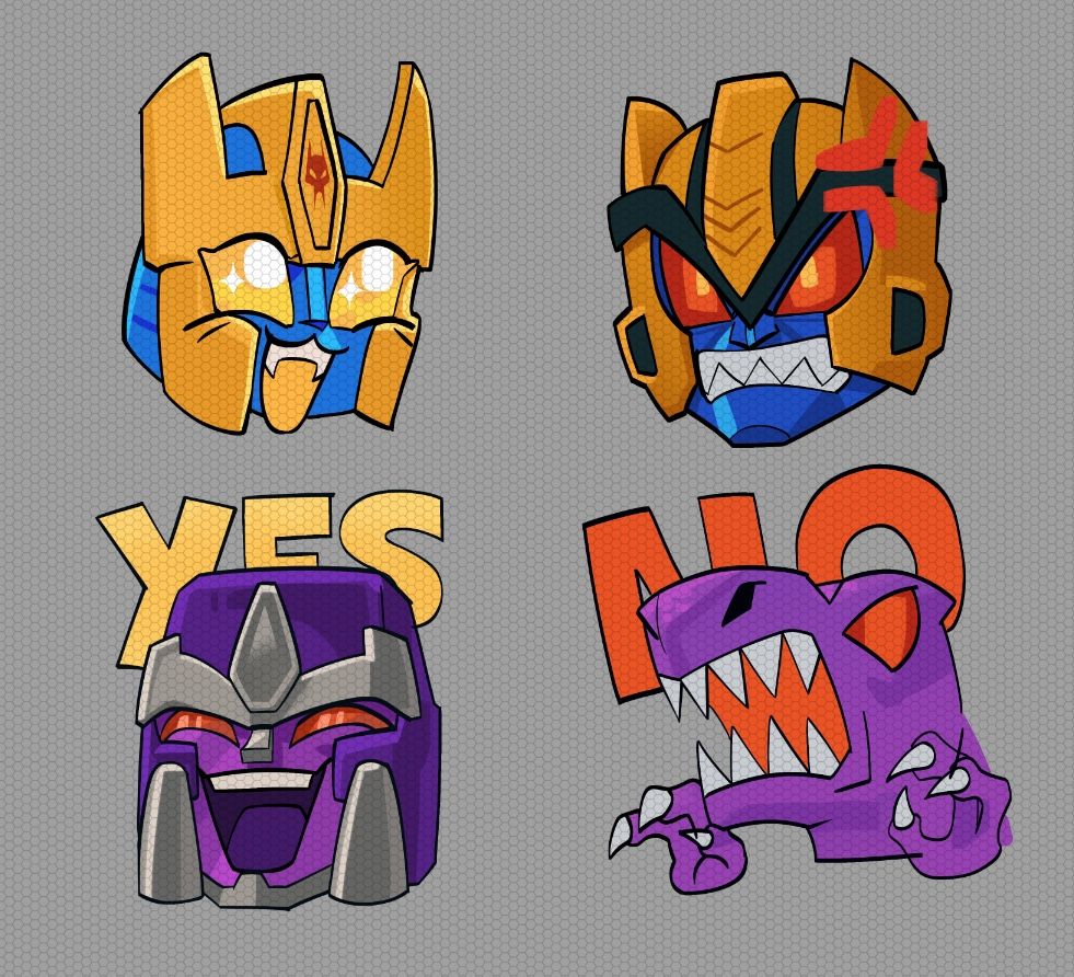 Floating head emotes of Beast wars Cheetor Excited Sparkly Eyes, Dinobot Angry with vein popping, Megatron in robot mode saying “YES”, Megatron in T-Rex mode yelling “NO”