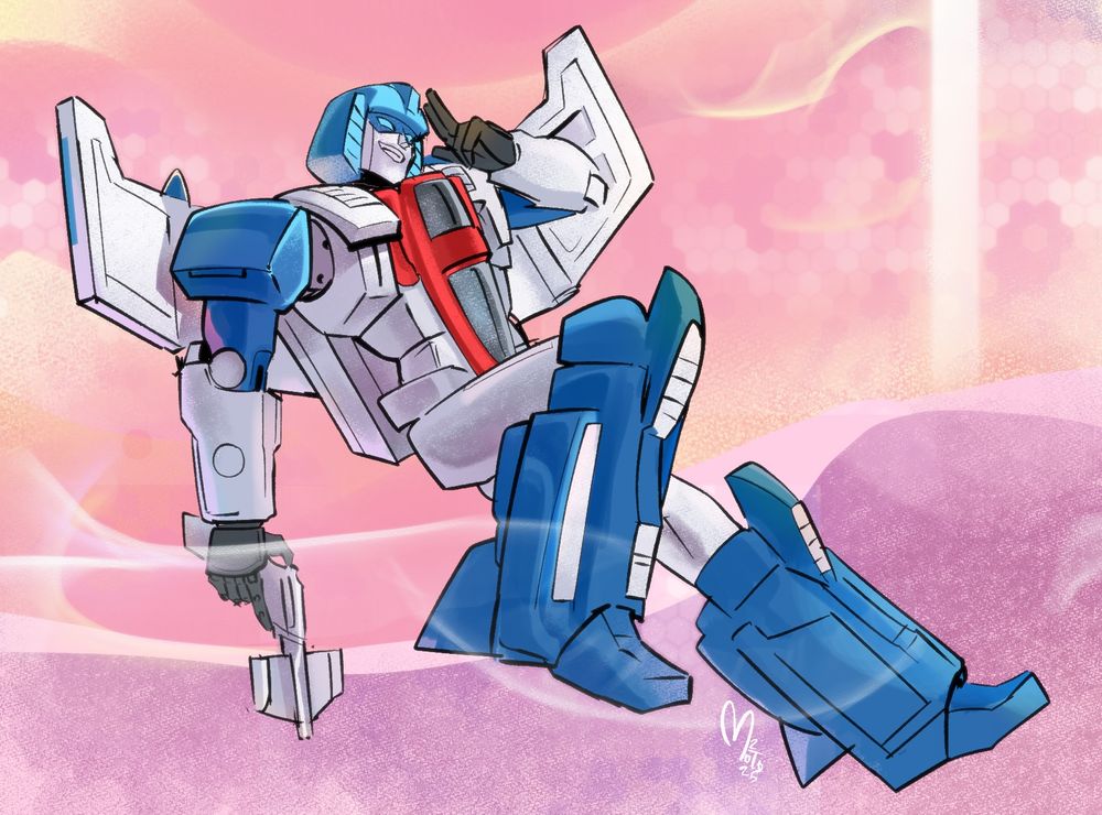 Cyberworld Mirage floating in the pink sunset sky that is speckled with a hexagonal shaped barrier that fades in and out of the sky. He gives the viewer a two-finger salute
Behind the hillside is a pillar of light that presumably contains loot in this video game universe