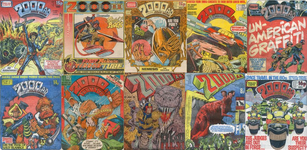 A colourful collection of covers from the British comic book 2000AD