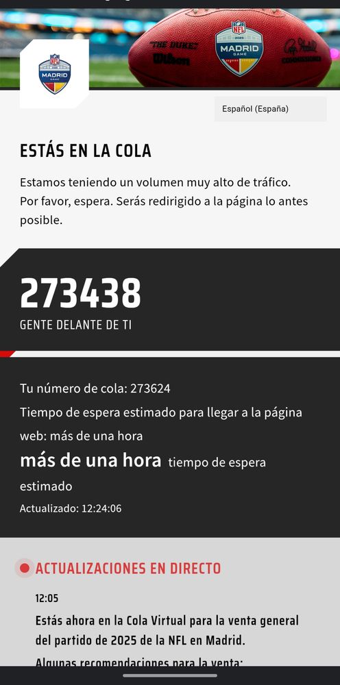 La foto muestra una web donde indica que la posición en la lista de espera es 273438, teniendo el Bernabéu de capacidad aproximada 88000 localidades... Queda claro que no va a haber entradas cuando me toque comprarlas