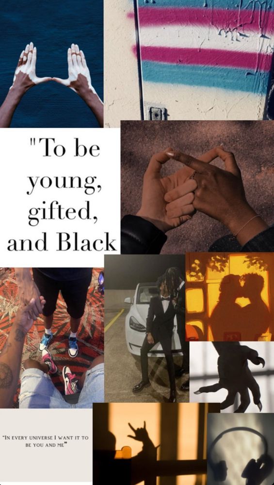Gold x Sol moodboard. Images depicting black gay love. Hands holding, Vitiligo hands, peace signs, headphones, a clawed hand, trans flag that’s been spray painted and two quotes; “To be young, gifted, and Black” and “In every universe I want it to be you and me.”
