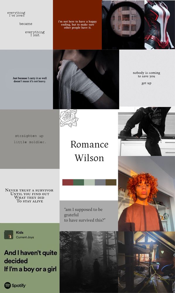 Ro’s moodboard; my genderfluid asshole of a character, spook forest imagery, a cabin, fighting bandaids and snipers and a black person with red curly hair 
