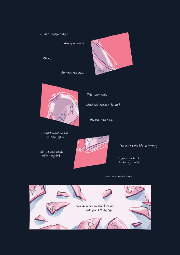 Comic page from Leaf Lace by Ashanti Fortson. The page is mostly black, with angular, bright pink panels cutting through the darkness. The panels show a delicate teacup falling down and shattering on the floor. White narration text trails down the page alongside the panels; the narration communicates confusion, denial, and grief.