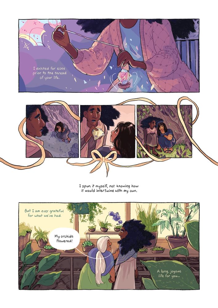 Comic page from Leaf Lace by Ashanti Fortson. Through second-person narration, the goddess who spins mortals’ life threads reflects on the time she has shared with her mortal wife. A flashback sequence, framed by intertwining threads of yarn, shows the two meeting when her wife was still young. In the last panel, the mortal woman points out her newly-flowering orchids to her immortal wife, but the mortal woman is now old. The page is illustrated in lush, warm colors.