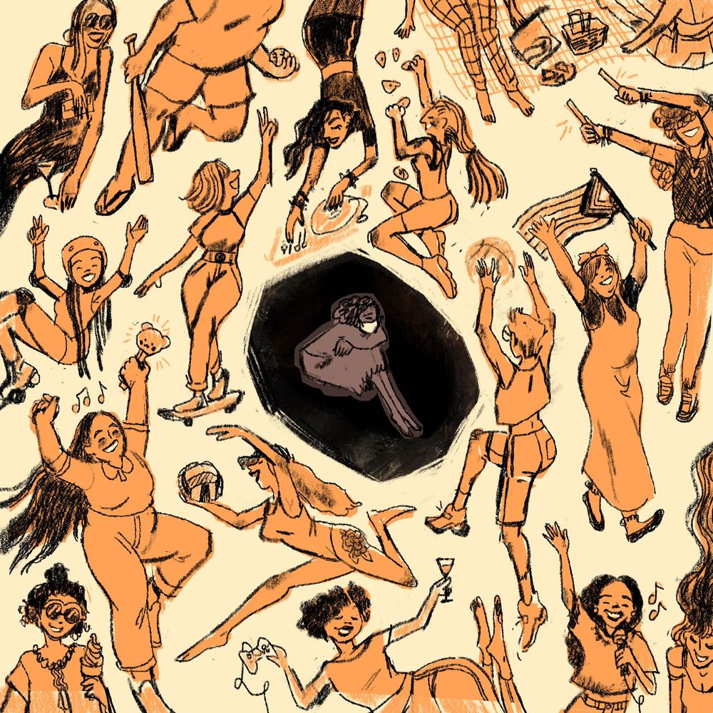 Illustration in limited color showing various vignettes of people engaging in fun summer activities, like going to a concert, but they are all unmasked. A figure in the center is isolated in a dark void, ignored by the other figures. The central figure is the only one masking