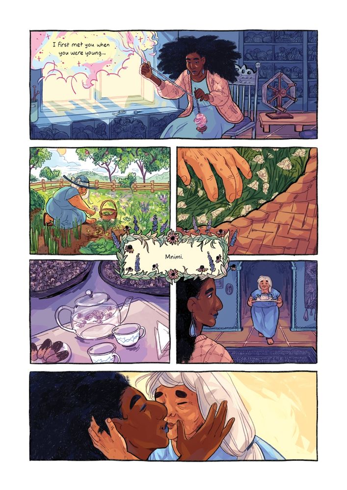 Comic page from Leaf Lace by Ashanti Fortson. Ananke, the goddess who spins mortals’ life threads, sits in her studio and spins her yarn. Mnimi, her mortal wife, picks vegetables and tea leaves from her garden. She brings a tray of tea and treats to Ananke, and the two share a kiss. Mnimi looks like an old woman, but Ananke ruminates on meeting Mnimi when Mnimi was young. The page is illustrated in lush, warm colors.