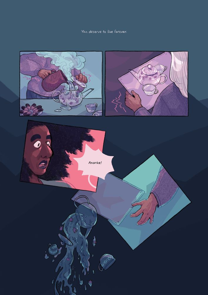Comic page from Leaf Lace by Ashanti Fortson. Narration at the top of the page reads, You deserve to live forever. Mnimi, the old, mortal wife of the life-spinning goddess, shakily prepares a pot of tea. She shakes as she carries it to her wife, who is in her studio. Mnimi cries out for Ananke, her wife. She falls, dropping the tray, teapot, and teacups. The panel layout echoes this fall: the panels become irregular, tumbling down the composition. The page is illustrated in purples, hot pinks, and dark teals.