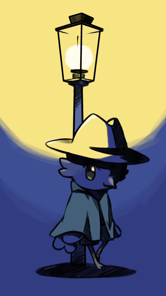 The sona and original character of Eyes illustrated in a noir-inspired style, leaning against a lamppost at night