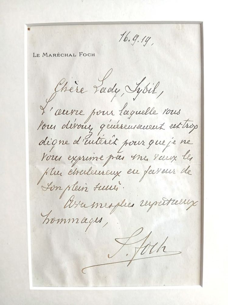 Framed and mounted letter from Marshal Foch to Lady Sybil, translated in post.