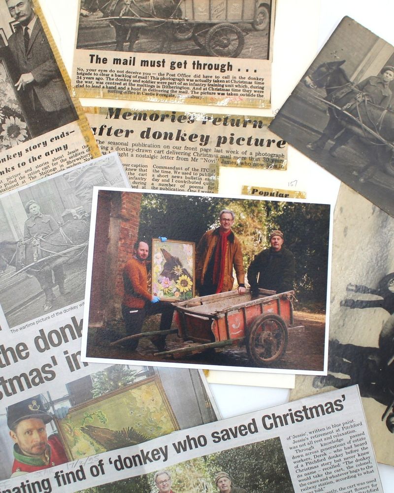 Photographs of and newspaper clippings within the museum collection about Jessie the donkey from the 1940s through to the present day. At the centre is Jessie’s wooden cart within the cobbled service courtyard of Pitchford Hall with Rob (left), James Nason (centre) and Derek Owen (right) around the cart. Rob holds the museum’s Jessie portrait by Lady Sybil Grant. Image courtesy of the Shropshire Star and reproduced by Copywrite of Shrewsbury.