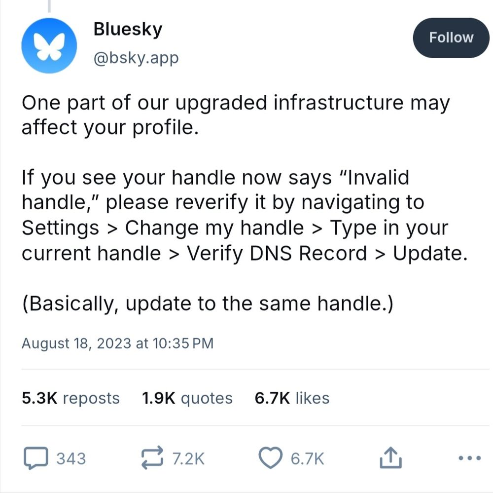 If your handle says "Invalid handle," go to 1) Settings 2) Change my handle 3)Type in your current handle 3) Verify DNS Record 4) Update 
