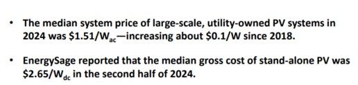 Screenshot from US NREL's Spring 2025 Solar Industry Update report, https://docs.nrel.gov/docs/fy25osti/95135.pdf

It reads "The median system price of large-scale, utility-owned PV systems in 2024 was $1.51/Wac—increasing about $0.1/W since 2018.
• EnergySage reported that the median gross cost of stand-alone PV was $2.65/Wdc in the second half of 2024. "
