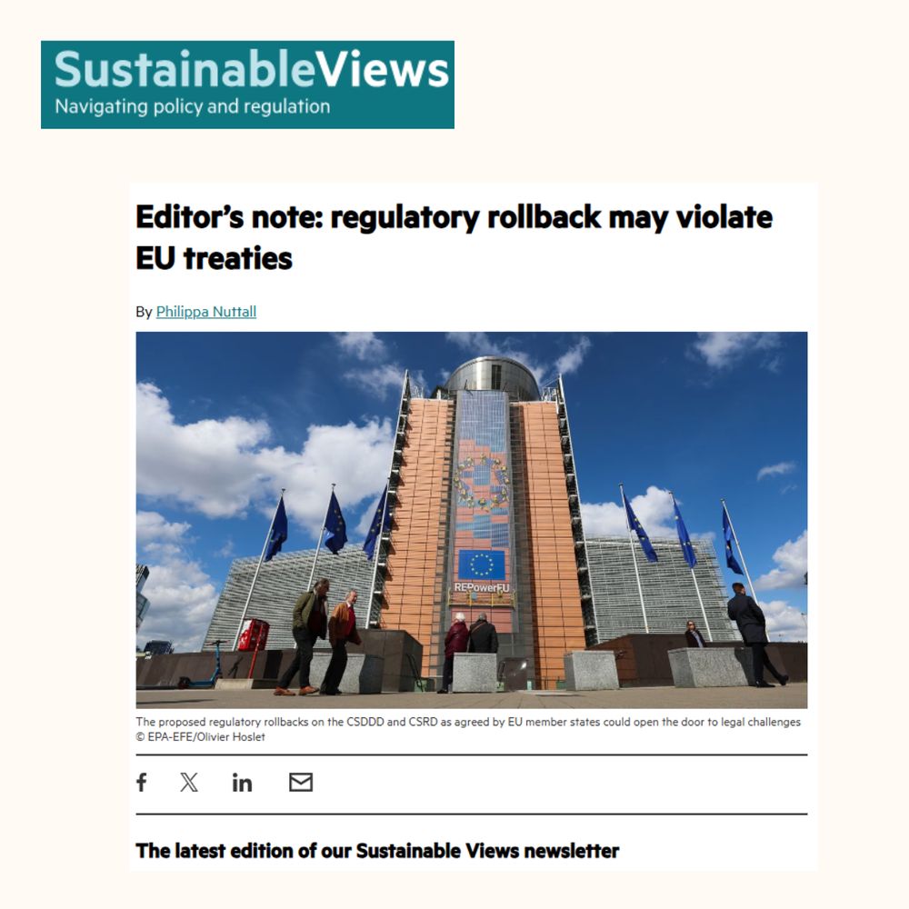 Screenshot of Sustainable Views newsletter with headline “Regulatory rollback may violate EU treaties ”