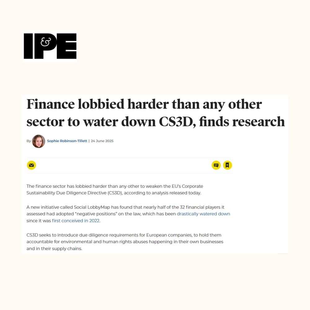 Screenshot of IPE article with headline “Finance lobbied harder than any other sector to water down CS3D, finds research”