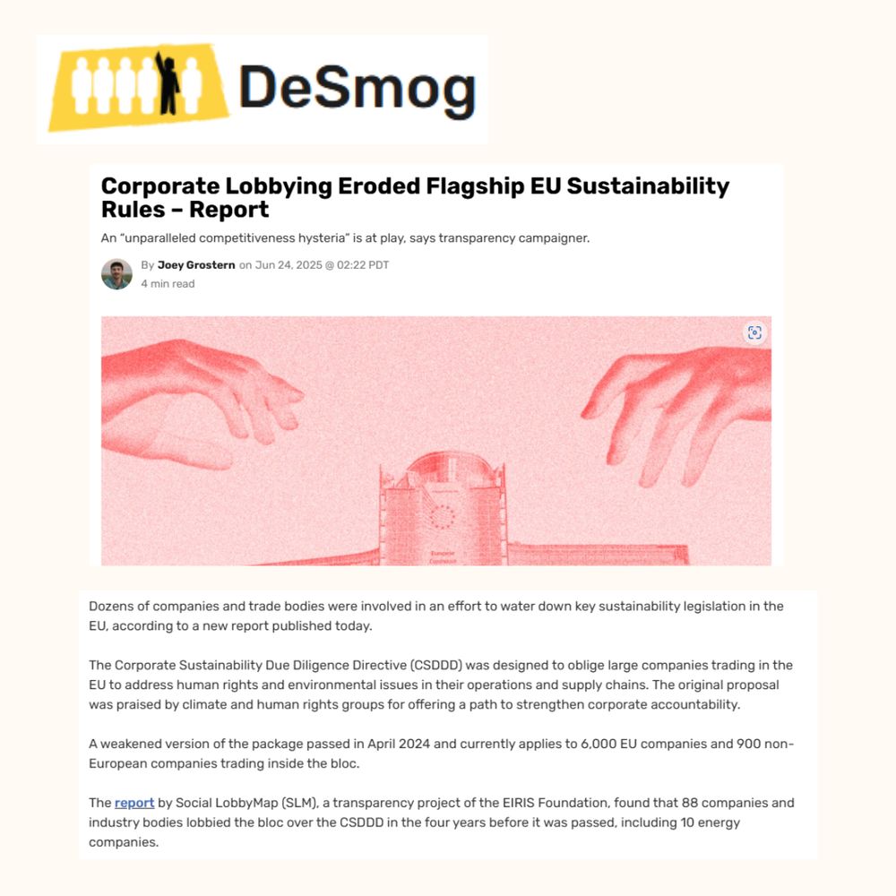 Image of DeSmog article with headline '“Corporate lobbying eroded flagship EU sustainability rules – report”