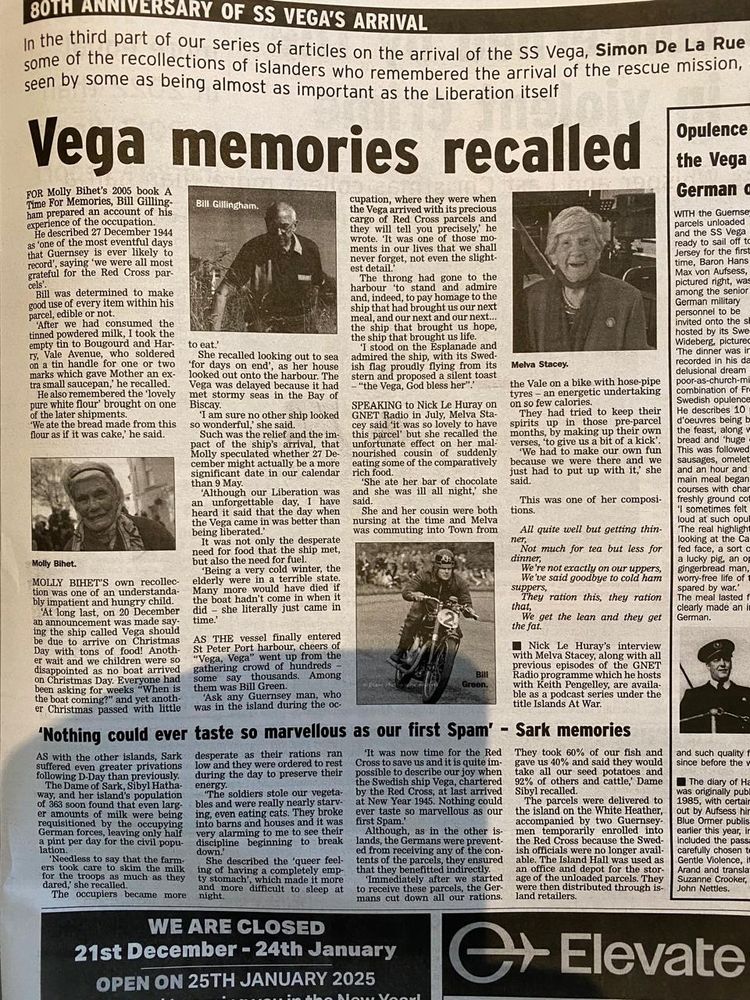 Newspaper (Guernsey Press) article with personal recollections of the arrival of the Red Cross vessel “Vega”, bringing essential food to starving islanders 27 December 1944