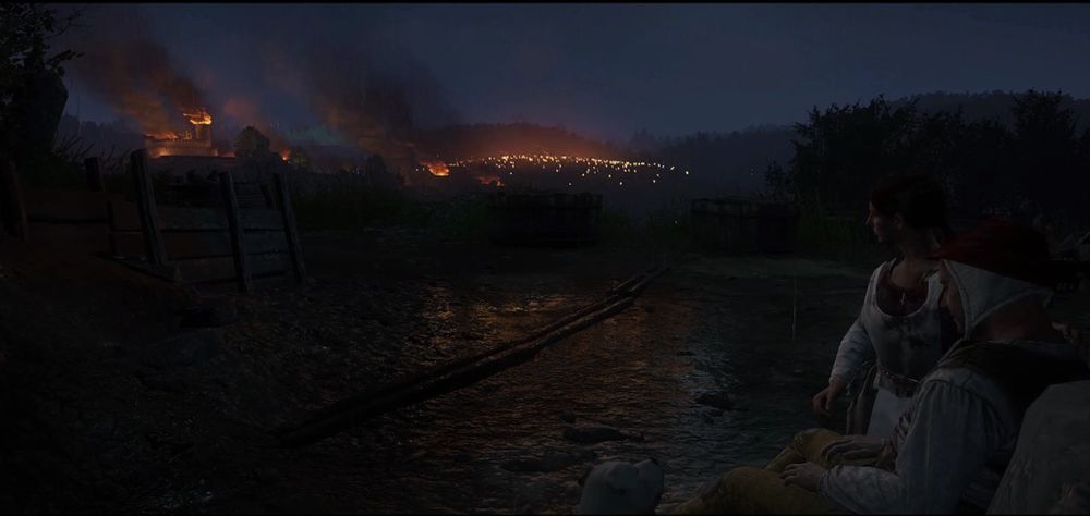 Theresa and her brother Sammy (far right) watching their home village of Skalitz (far left) burn to the ground as the Cuman army (center) moves on.