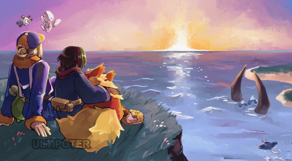 Volo and Jirou are sitting on the edge of a cape with their pokemon partners, Budew, Flareon, Magnemite and Togetic. The cape is overlooking a vast ocean view with a sunrise