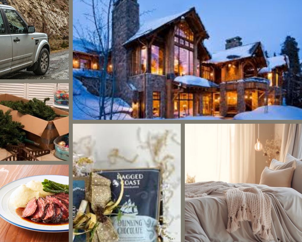 A photo collage of a Silver Range Rover on a road, a large villa covered in snow, a bed with ivory blankets and pillows, a pouch of cocoa mix, a plate with homemade mash, asparagus, and meat, and a box with a Christmas tree.