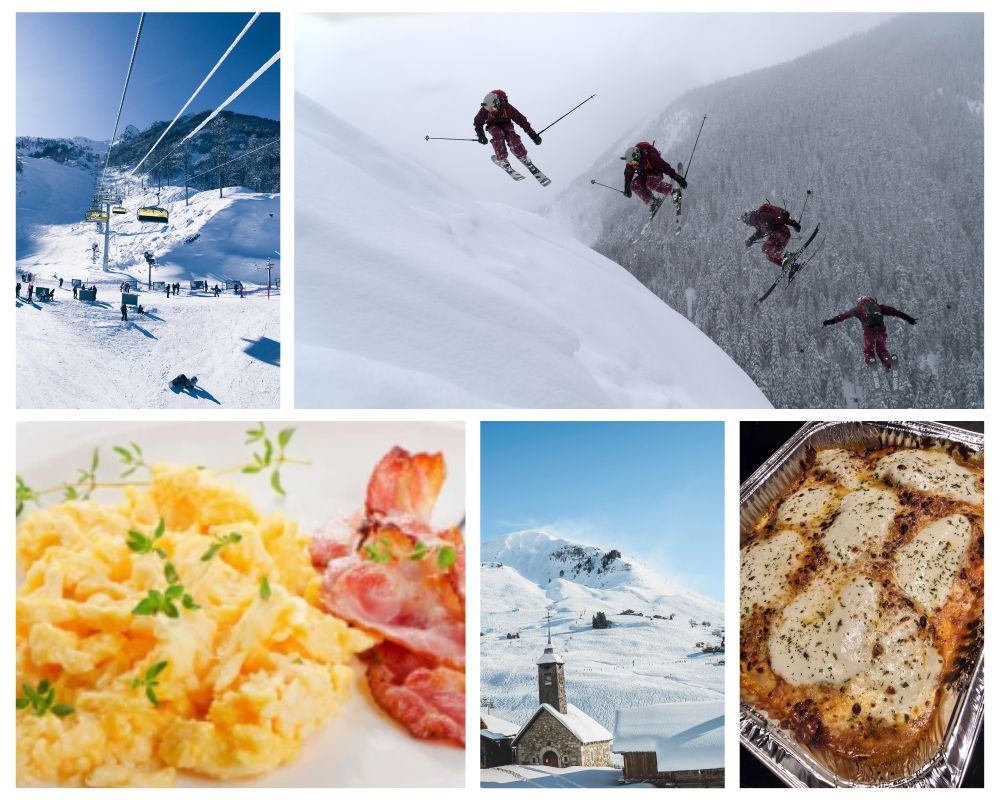 A photo collage of ski lifts, 4 mean skiing, a plate of scrambled eggs and bacon, a snowy mountain, and a pan of eggplant.