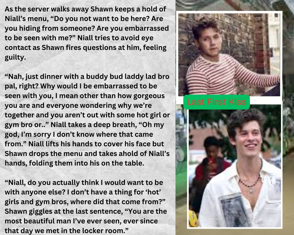 Photo of Niall in red and white striped shirt, Shawn in white button up smiling.  Snippet of Last First Kiss: As the server walks away Shawn keeps a hold on Niall’s menu, “Do you not want to be here?  Are you hiding from someone?  Are you embarrassed to be seen with me?” Niall tries to avoid eye contact as Shawn fires questions at him, feeling guilty.

“Nah, just dinner with a buddy bud laddy lad bro pal, right? Why would I be embarrassed to be seen with you, I mean other than how gorgeous you are and everyone wondering why we are together and you aren’t out with some hot girl or gym bro or..” Niall takes a deep breath, “Oh my god, I’m sorry I don’t know where that came from.” Niall lifts his hands to cover his face but Shawn drops the menu and takes ahold of Niall’s hands, folding them into his on the table.

“Niall, do you actually think I would want to be with anyone else? I don’t have a thing for ‘hot’ girls and gym bros, where did that come from?” Shawn giggles at the last sentence, “You are the most beautiful man I’ve ever seen, ever since that day we met in the locker room.”


