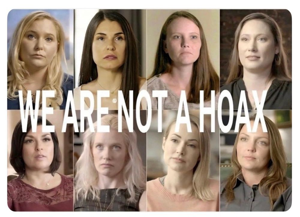 A collage made with pictures of women who were abused and trafficked by Epstein and Maxwell, with the words 